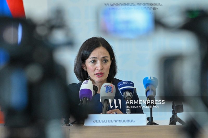 Министр образования, науки, культуры и спорта Армении Жанна Андреасян выступает на пресс-конференции в Ереване.