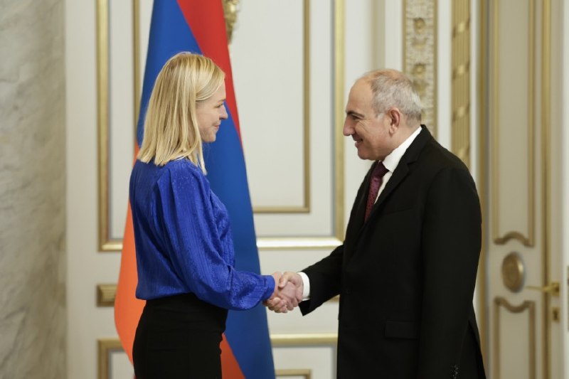 Элина Валтонен, министр иностранных дел Финляндии, на фоне флагов Финляндии и Армении